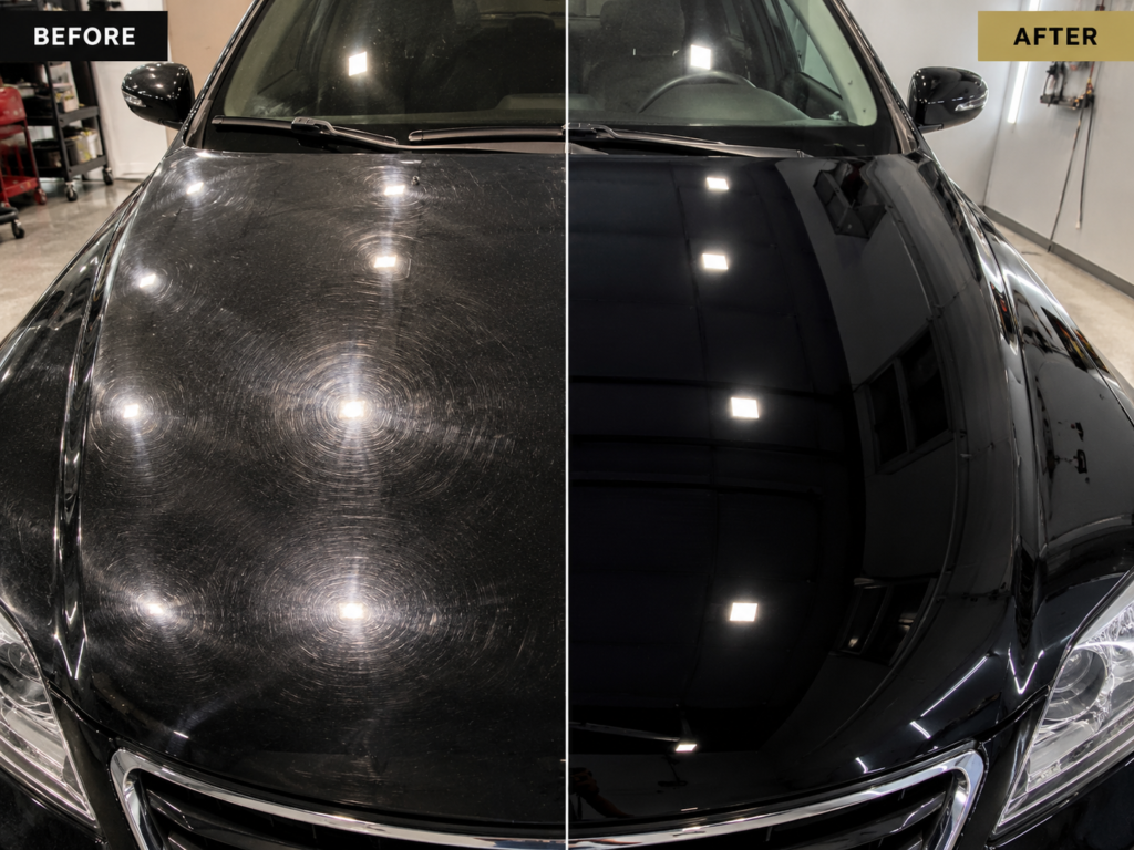 Before and after paint correction showing swirl mark removal and restored glossy finish on a black car hood in Vineland, NJ.